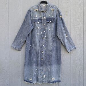 Veveret Full Size Distressed Longline Cotton Denim Jean Jacket 3XL